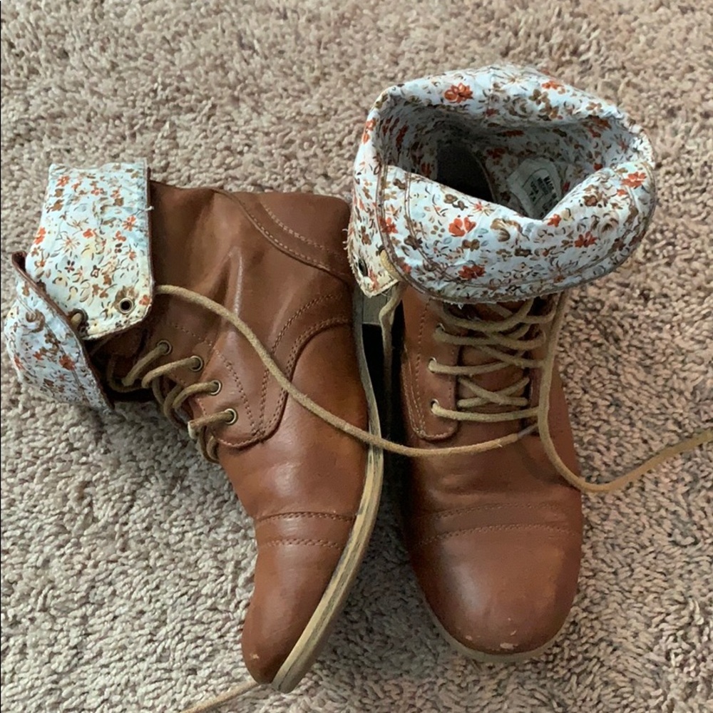 Light Brown Floral Combat Boots